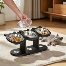 Elevated 3-Bowl Pet Feeder Stand – Stainless Steel Bowls for Cats & Dogs