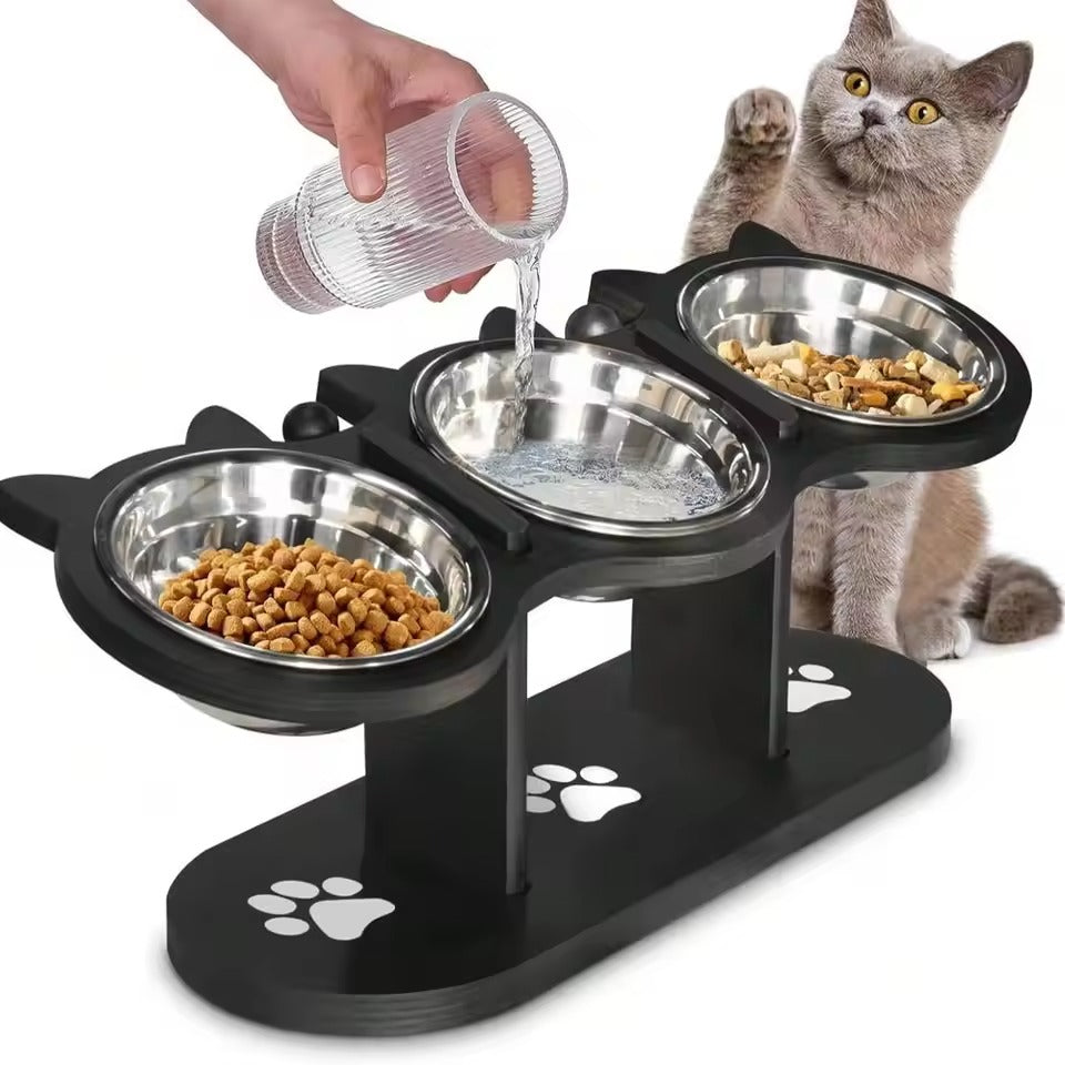 Elevated 3-Bowl Pet Feeder Stand – Stainless Steel Bowls for Cats & Dogs