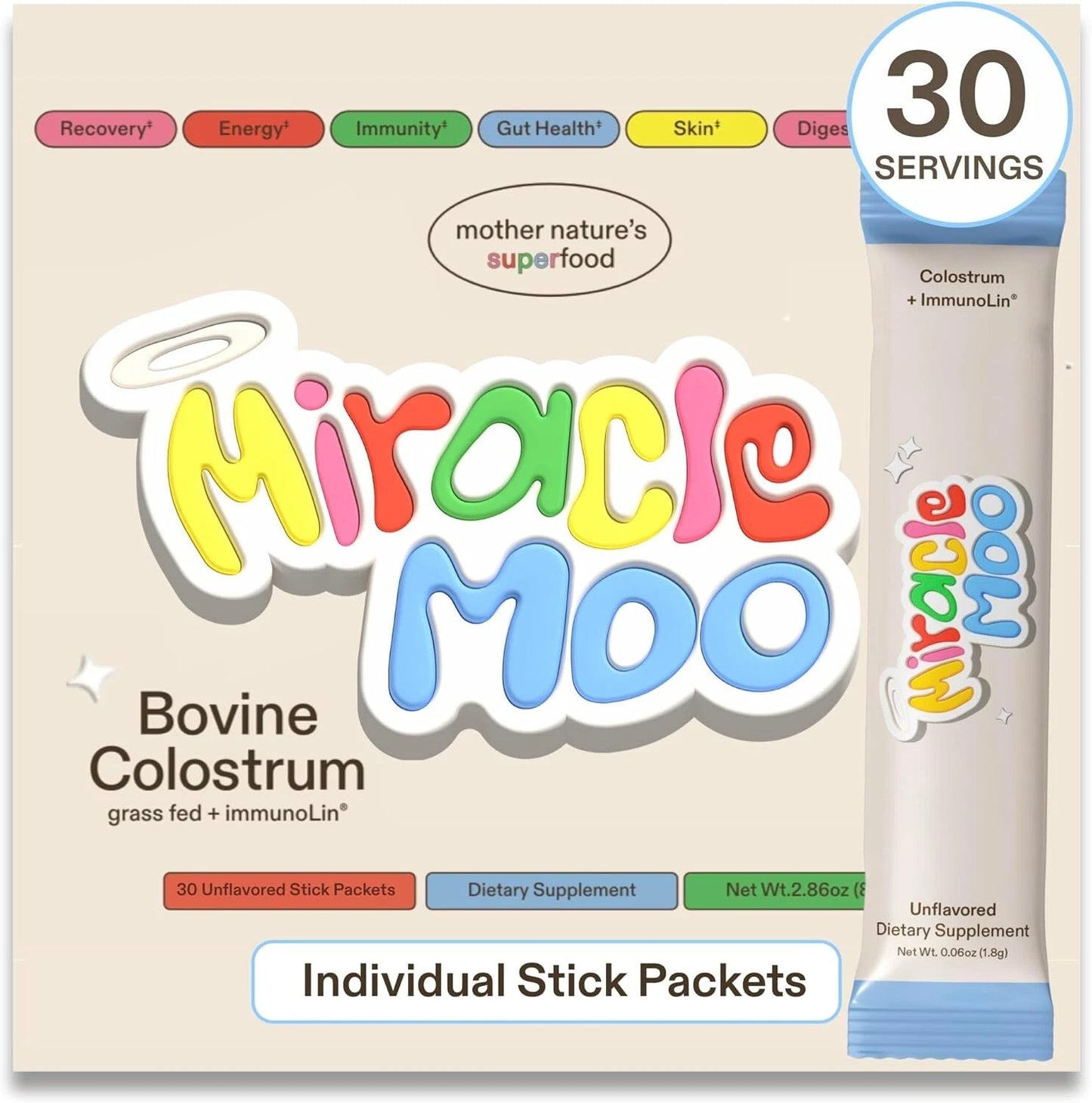 Miracle Moo Bovine Colostrum + ImmunoLin Unflavored Stick Packets | 30 Servings Dietary Supplement