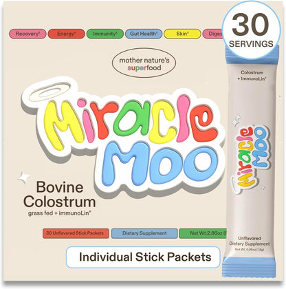 Miracle Moo Bovine Colostrum + ImmunoLin Unflavored Stick Packets | 30 Servings Dietary Supplement