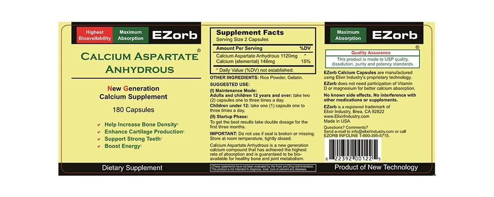 EZorb Calcium Aspartate Anhydrous | High Absorption Calcium Supplement | 180 Capsules